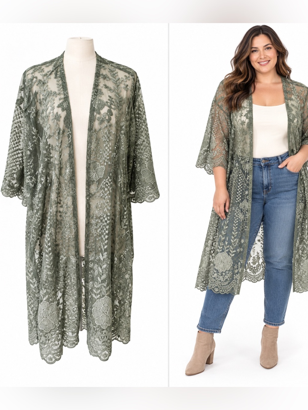 Torrid Granite Green Sheer Floral Lace Kimono 3/4 NWT